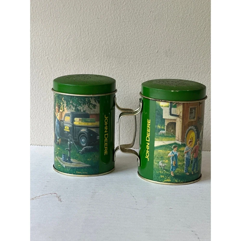 Vintage John Deere Salt and Pepper Shakers Metal Farm Scenes Charles Freitag